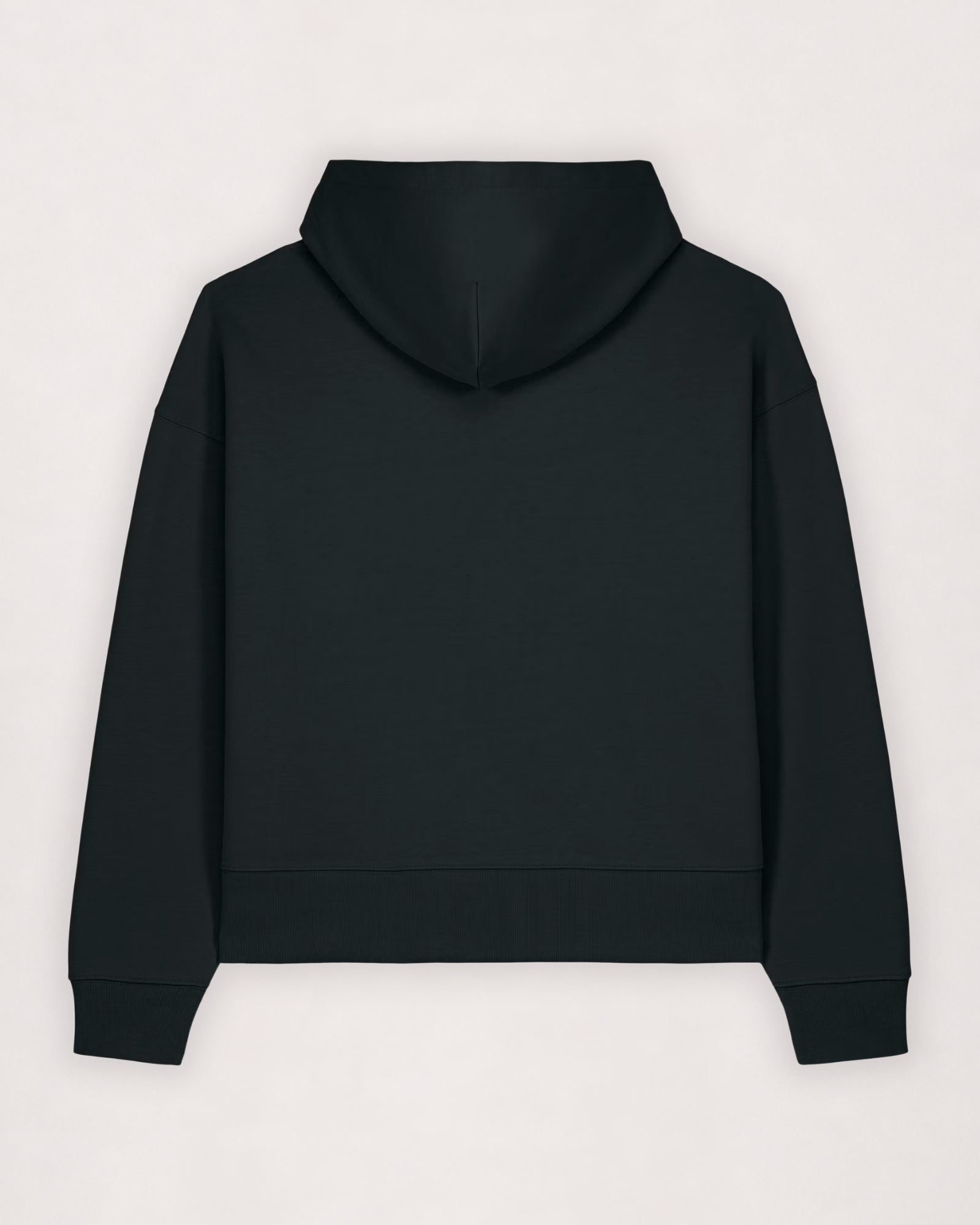 Oversize cotton hoodie in black, flat lay back view with hood