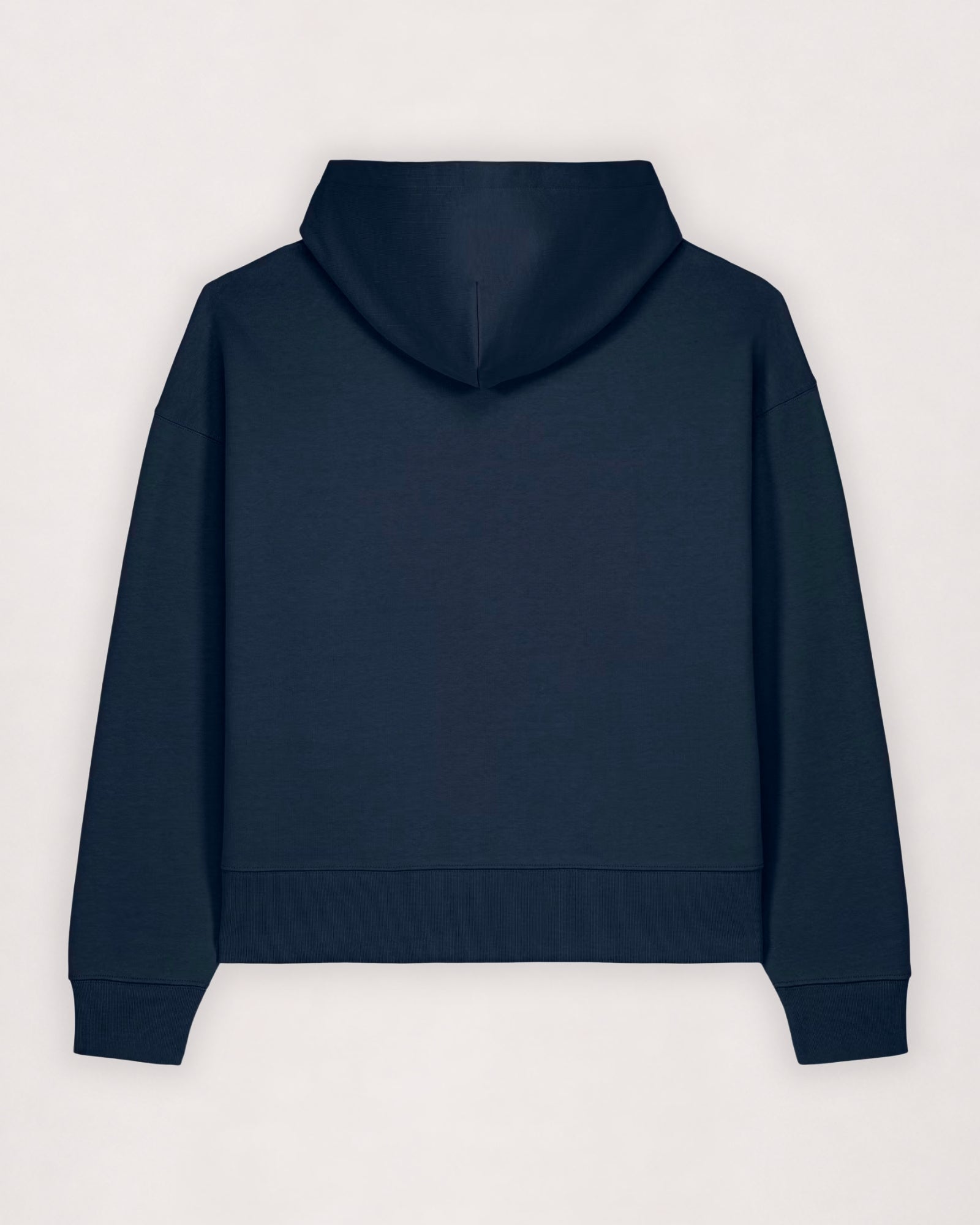 Oversize cotton hoodie in navy, flat lay back view with hood