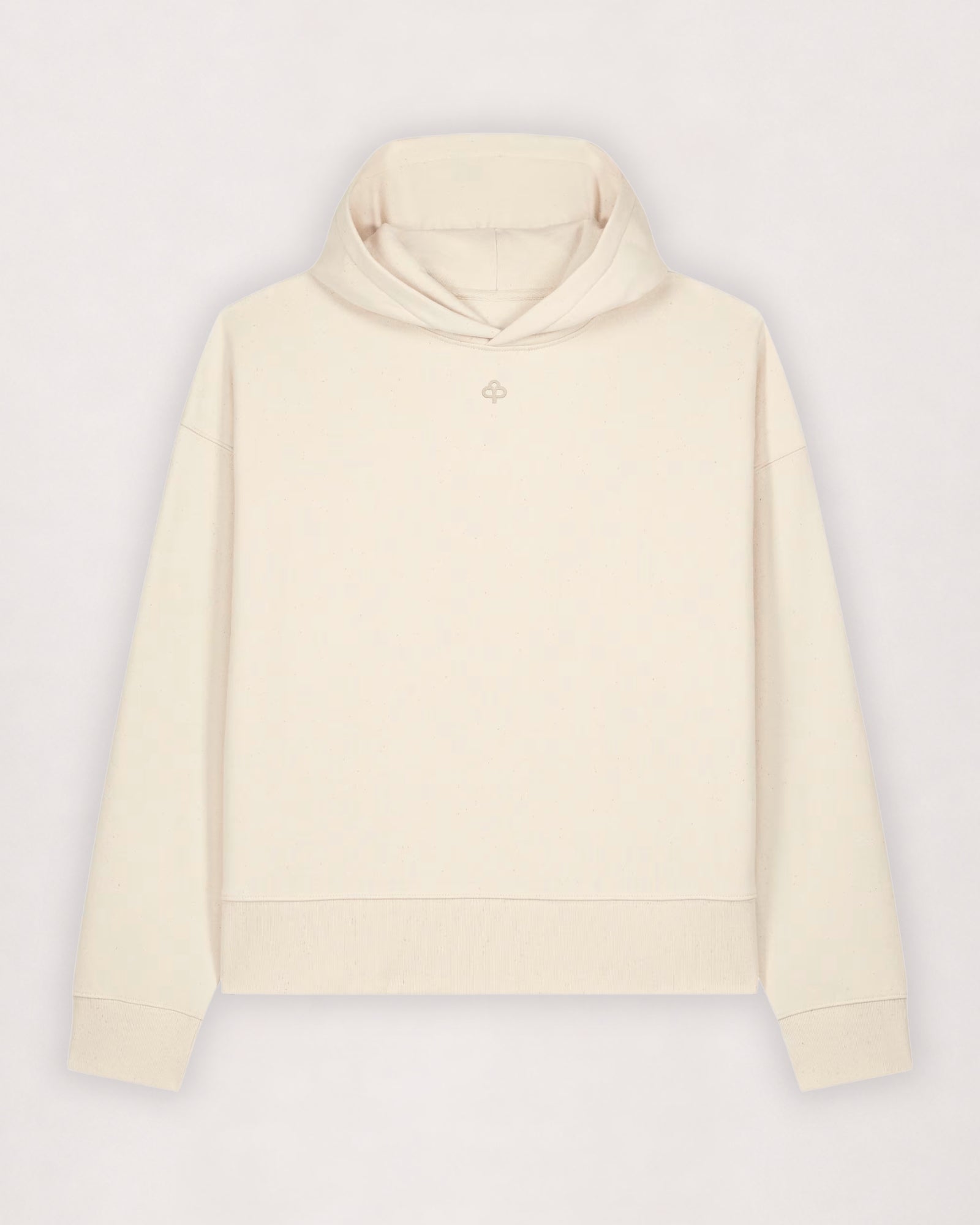 Oversize cotton hoodie in off-white, flat lay front view with embroidered logo