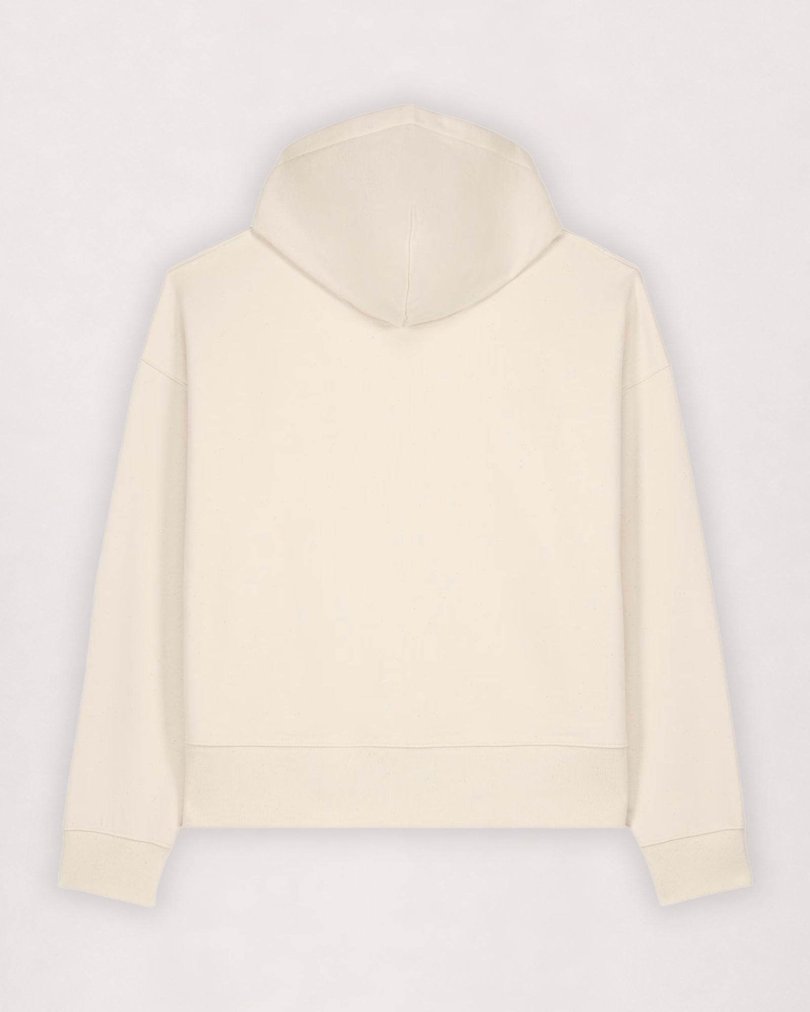 Oversize cotton hoodie in off-white, flat lay back view with hood