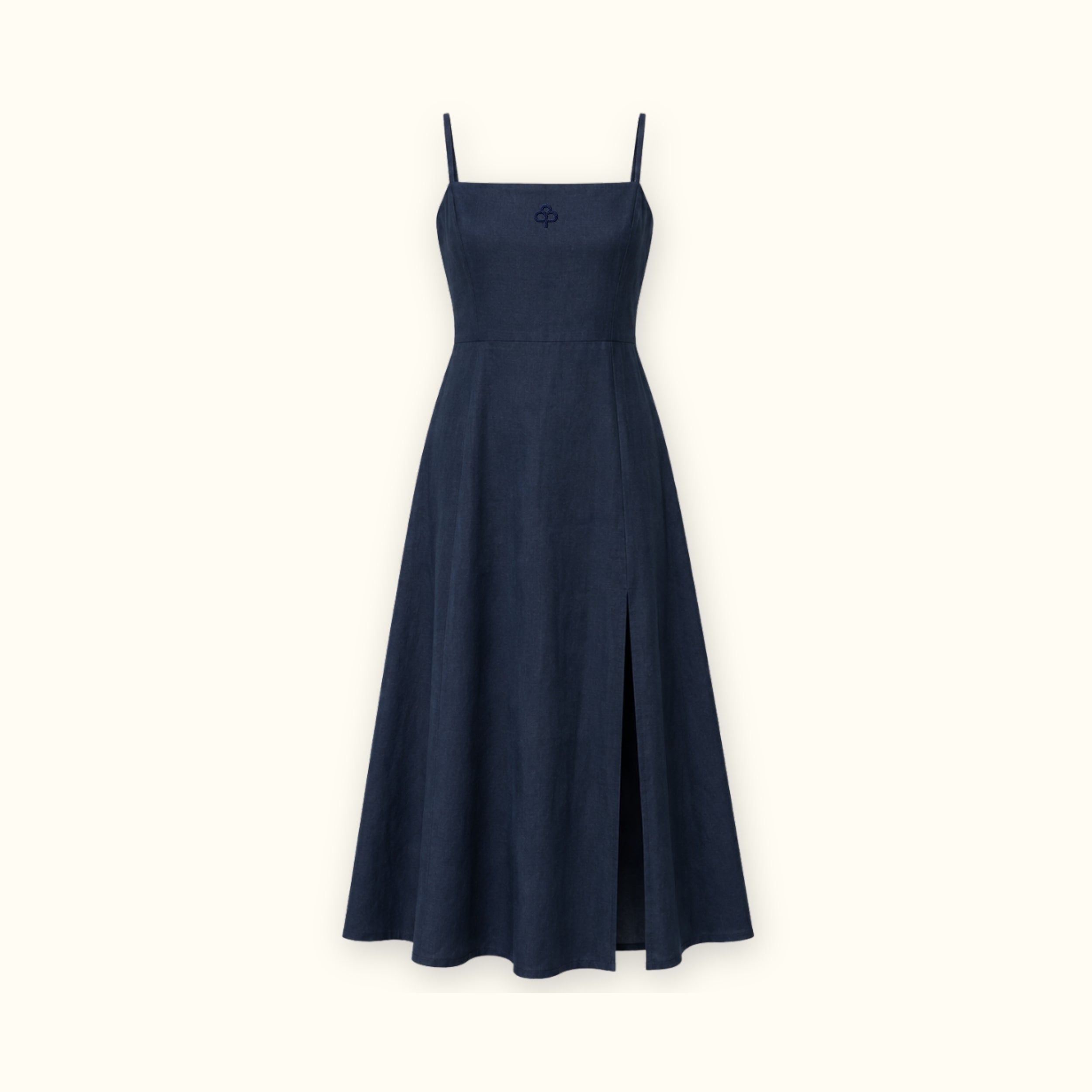 Vestido midi de lino en azul marino, vista frontal, mostrando el escote y la silueta del vestido