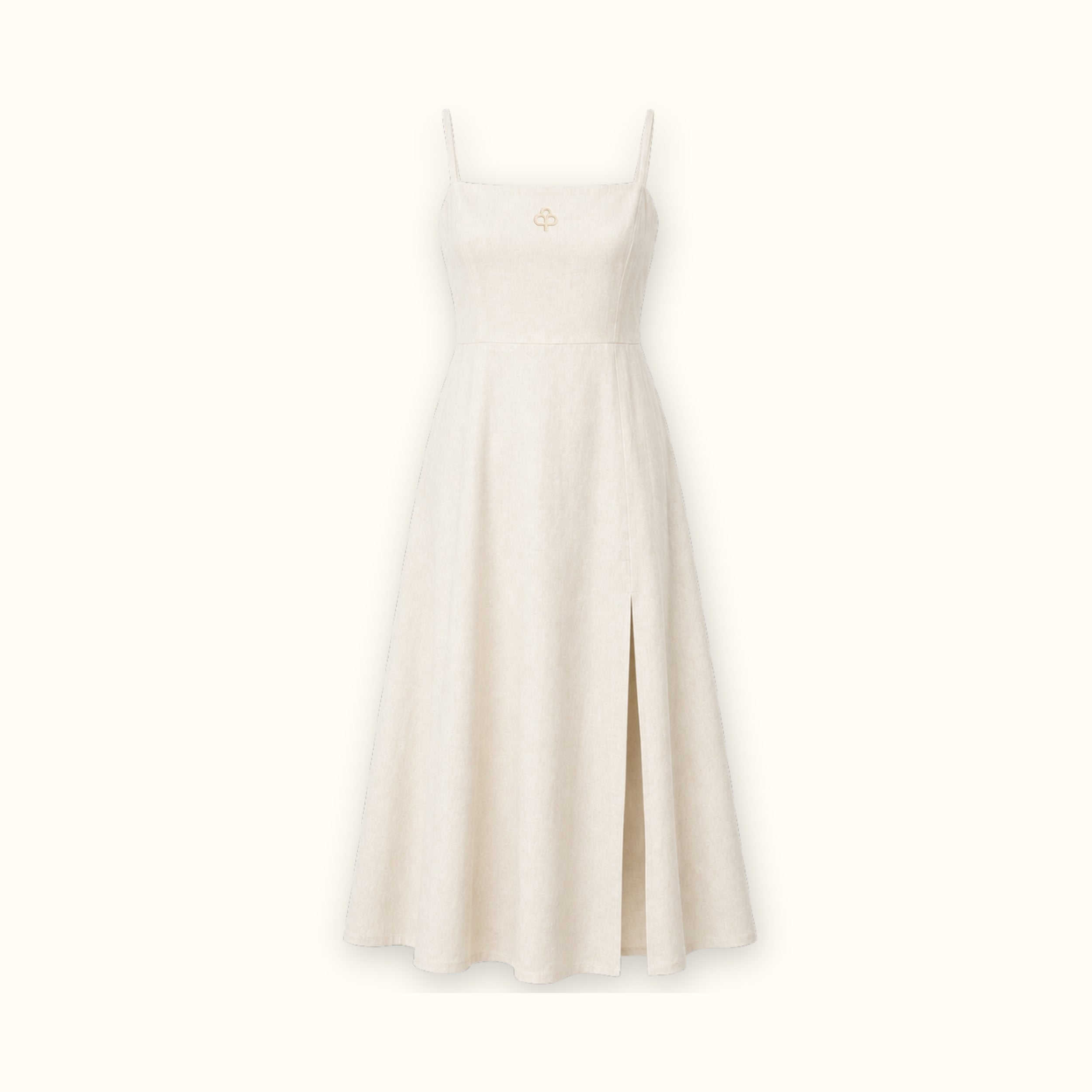 Vestido midi de lino en Off White, vista frontal, mostrando el escote y la silueta del vestido