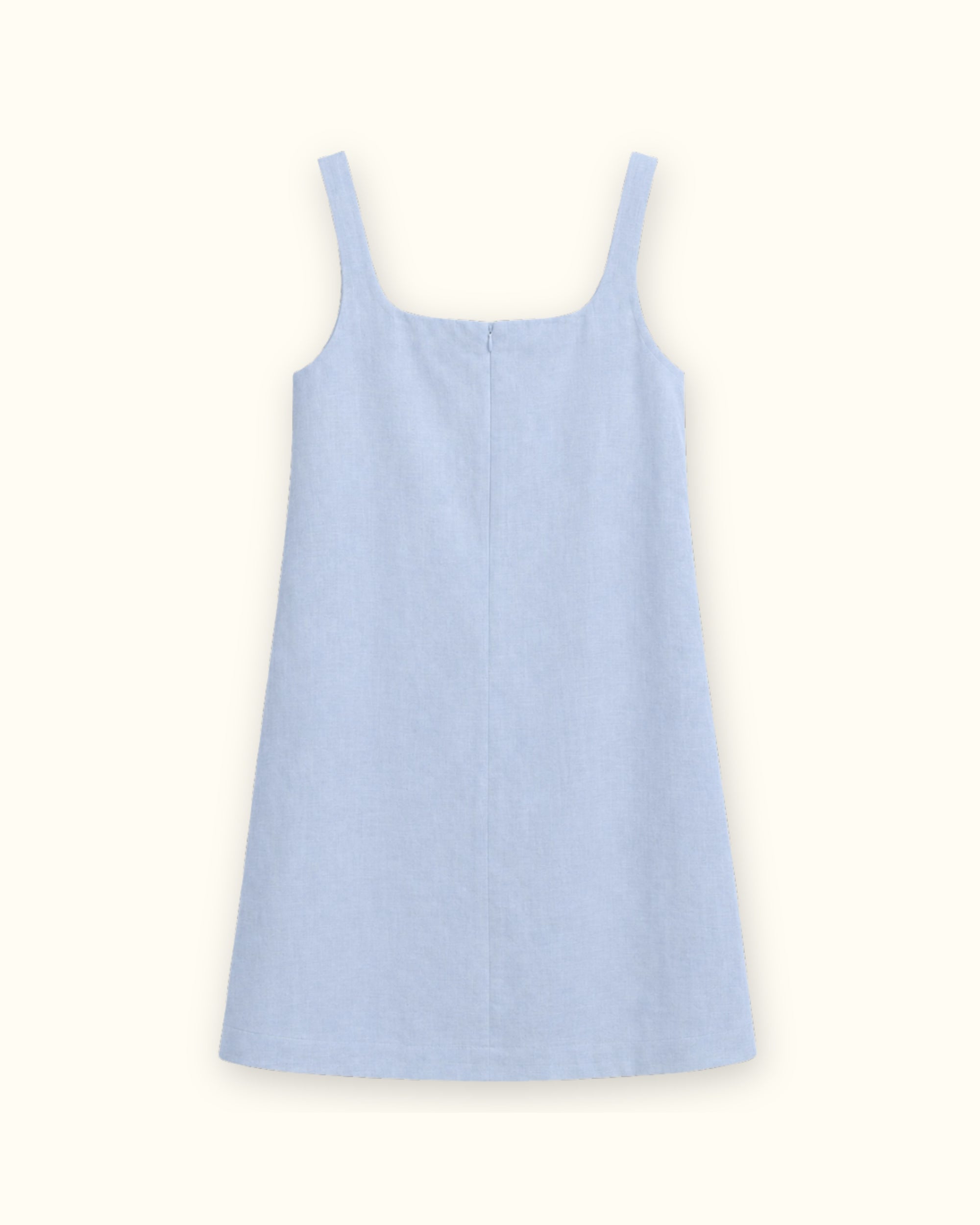 Mini-Leinenkleid in Hellblau, Rückansicht, mit Ausschnitt und Kleidersilhouette
