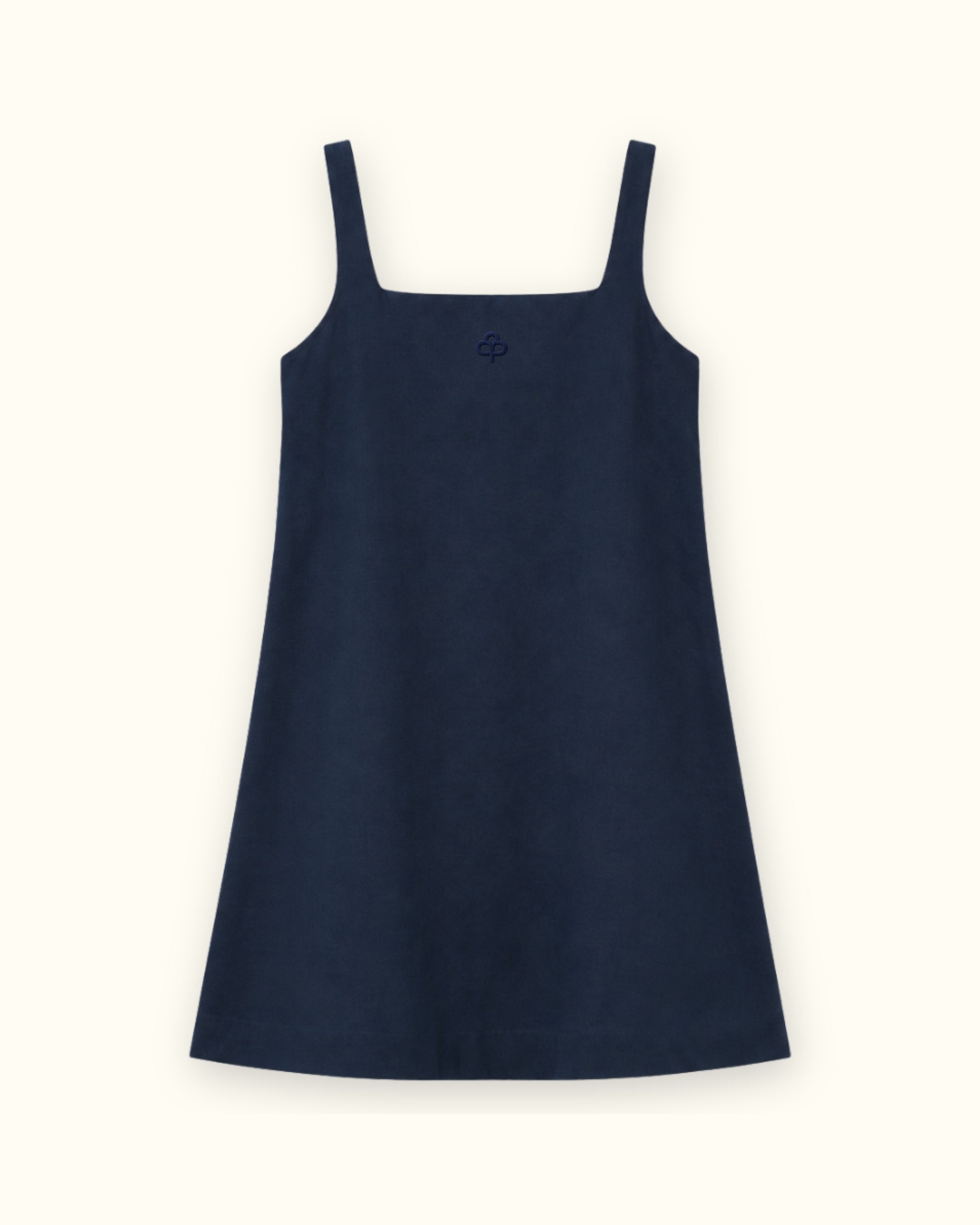 Mini-Leinenkleid in Marineblau, Vorderansicht, mit Ausschnitt und Kleidersilhouette