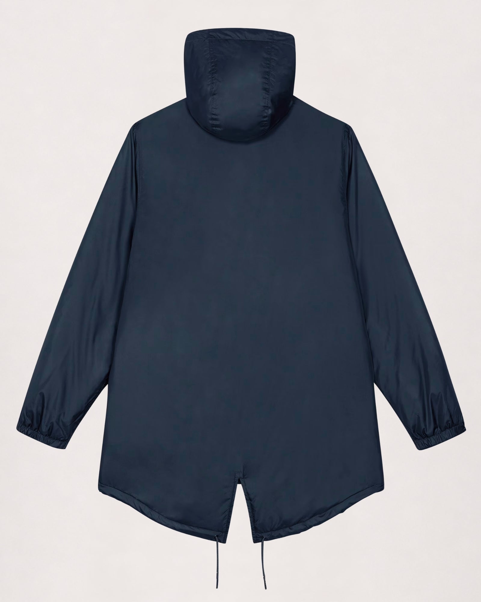 Padded parka in navy, flat lay back view with fishtail hem and drawcord