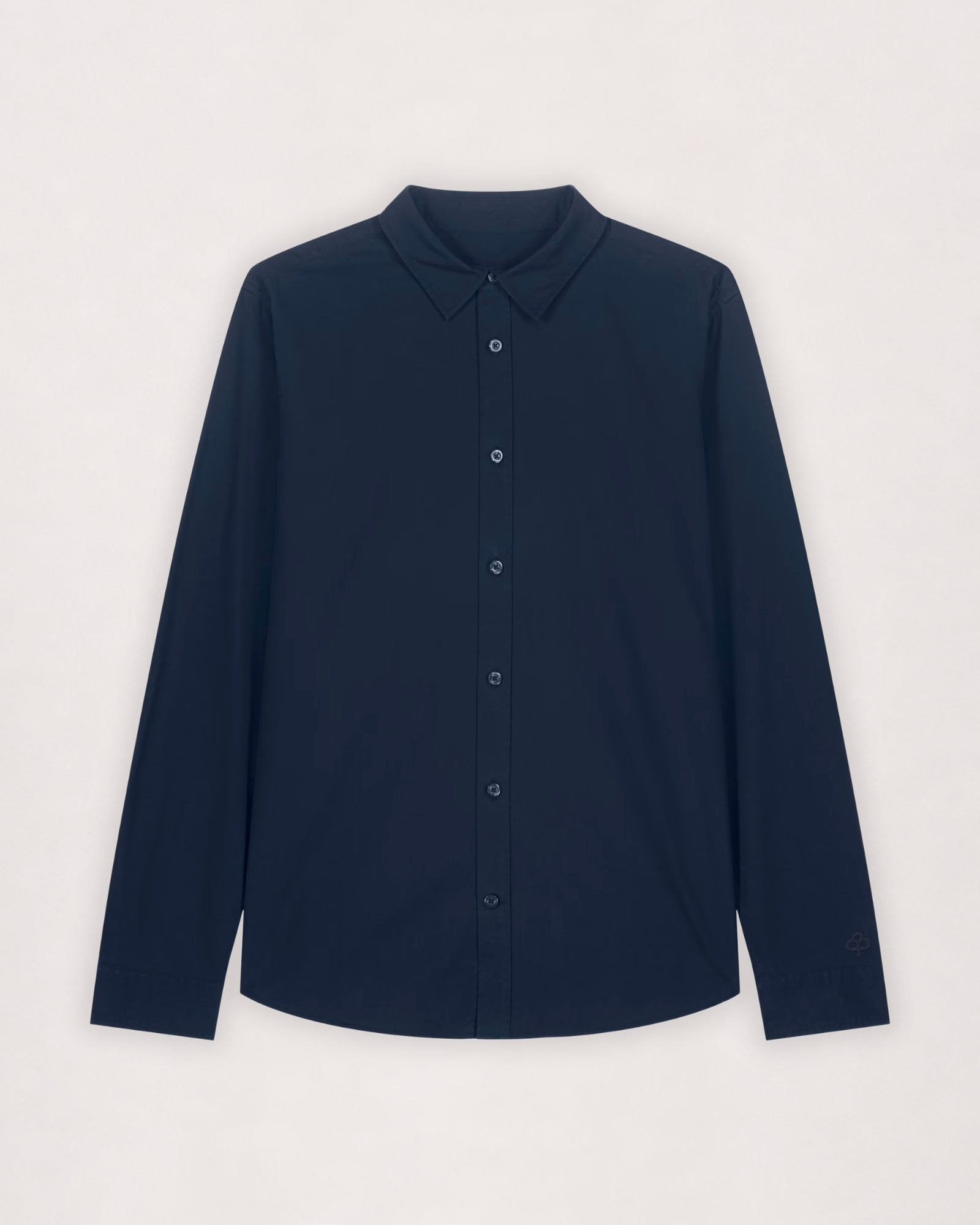 Poplin shirt in navy, flat lay front view with button placket