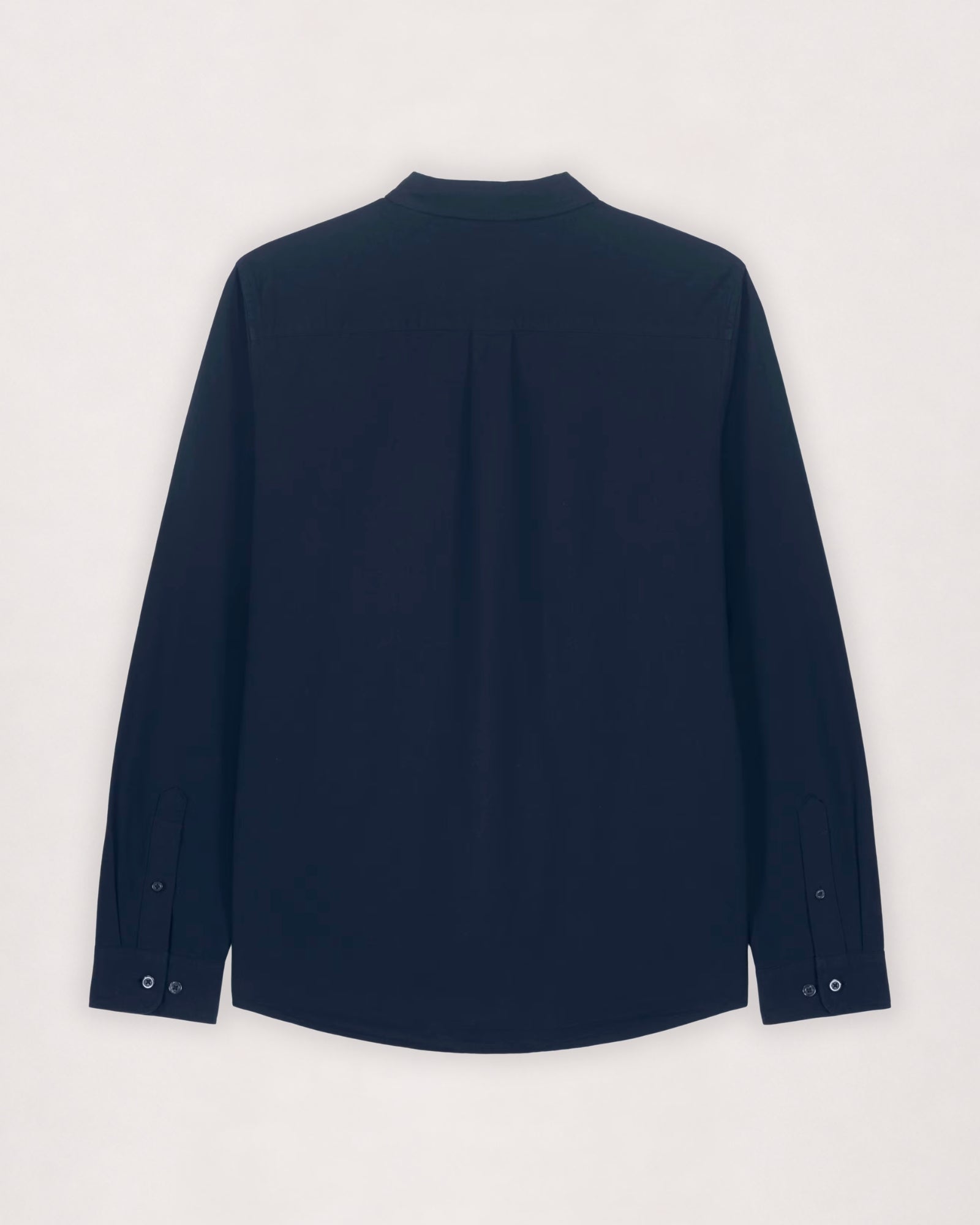 Poplin shirt in navy, flat lay back view with yoke seam