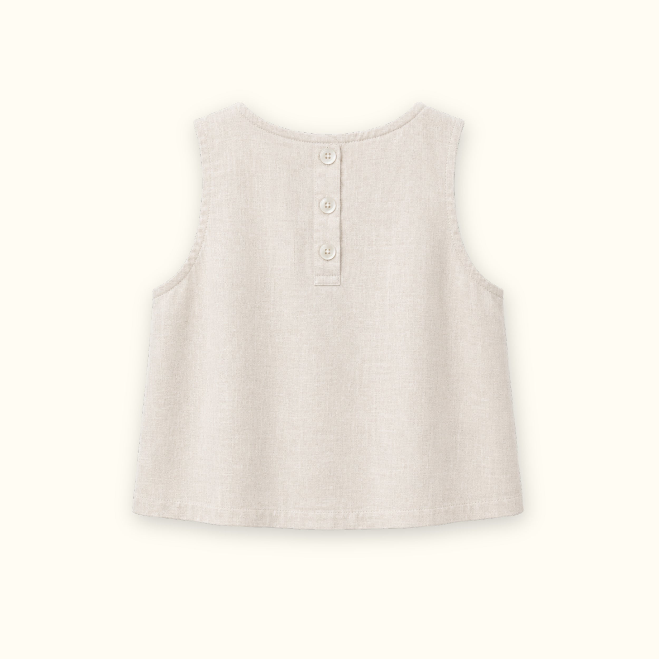 Top sin mangas de lino en Off White, vista trasera, mostrando el escote y la silueta sin mangas