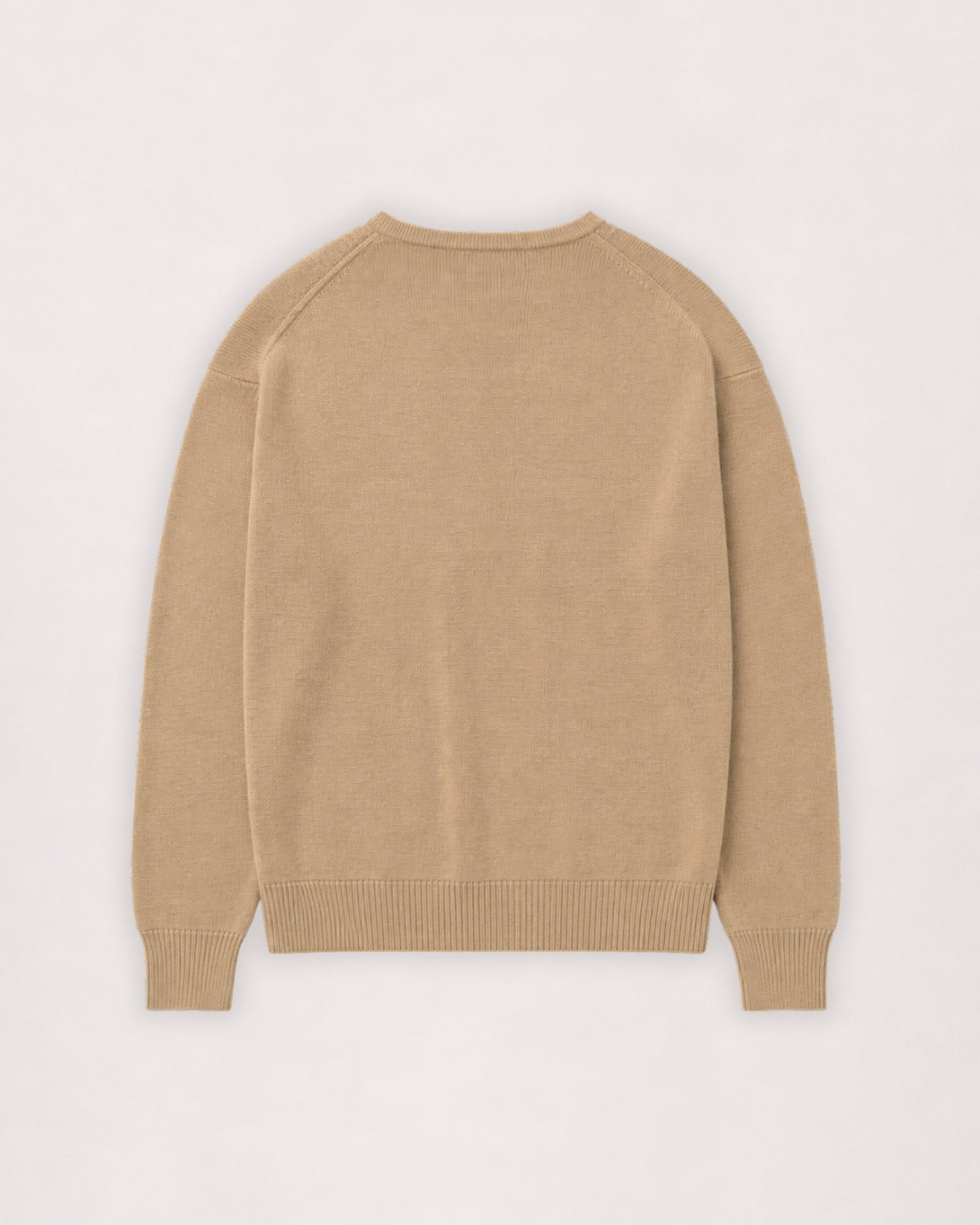 Merino crew neck sweater in camel, flat lay back view
