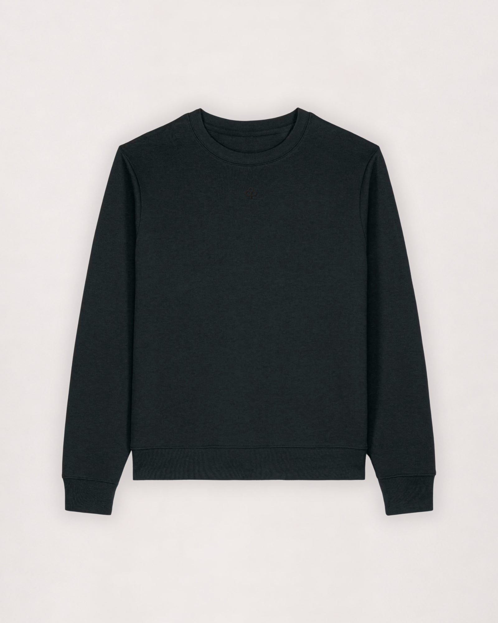 Cotton sweatshirt in black, flat lay front view with ribbed neckband