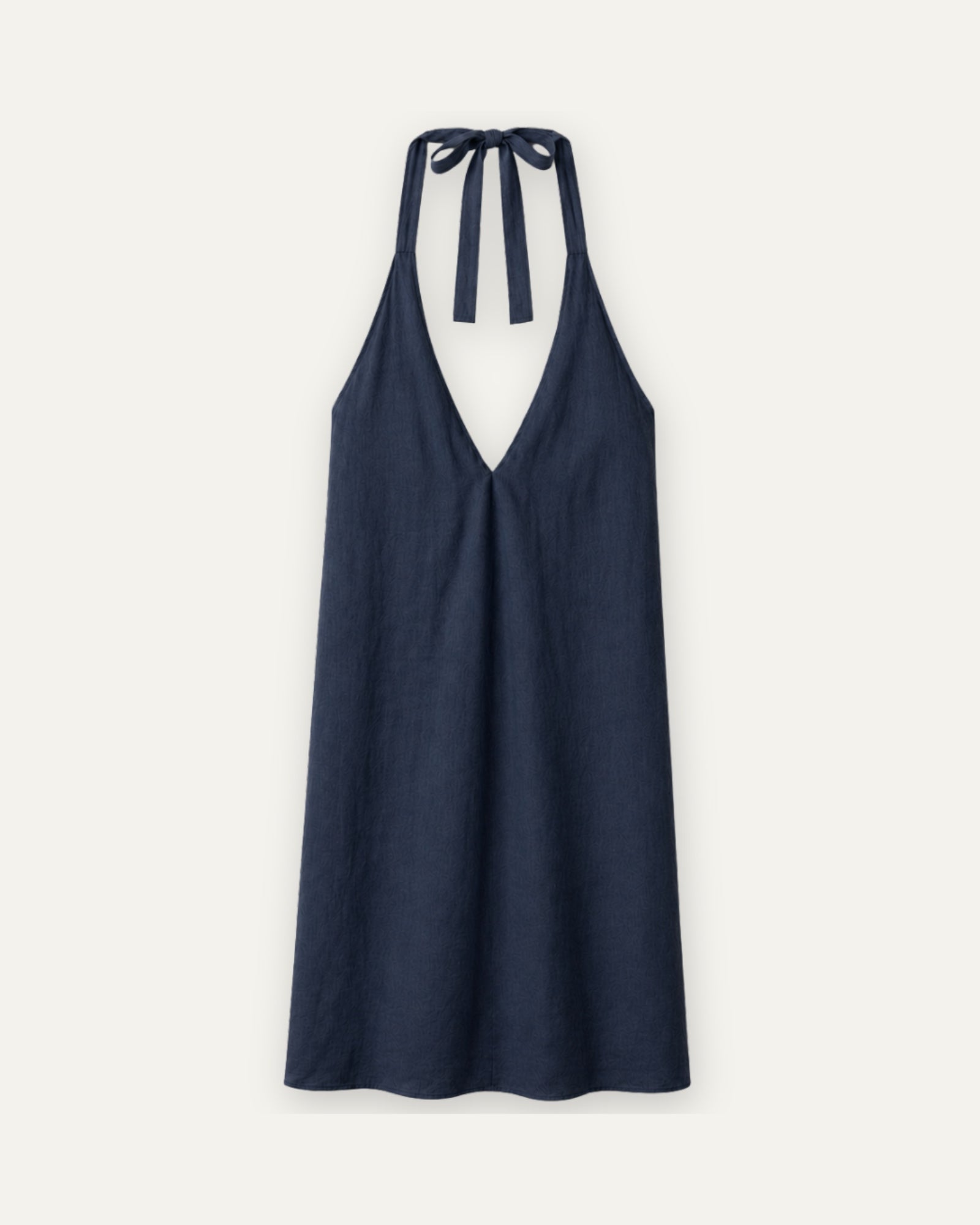 Neckholder-Leinenkleid in Marineblau, Vorderansicht, mit Ausschnitt und Kleidersilhouette