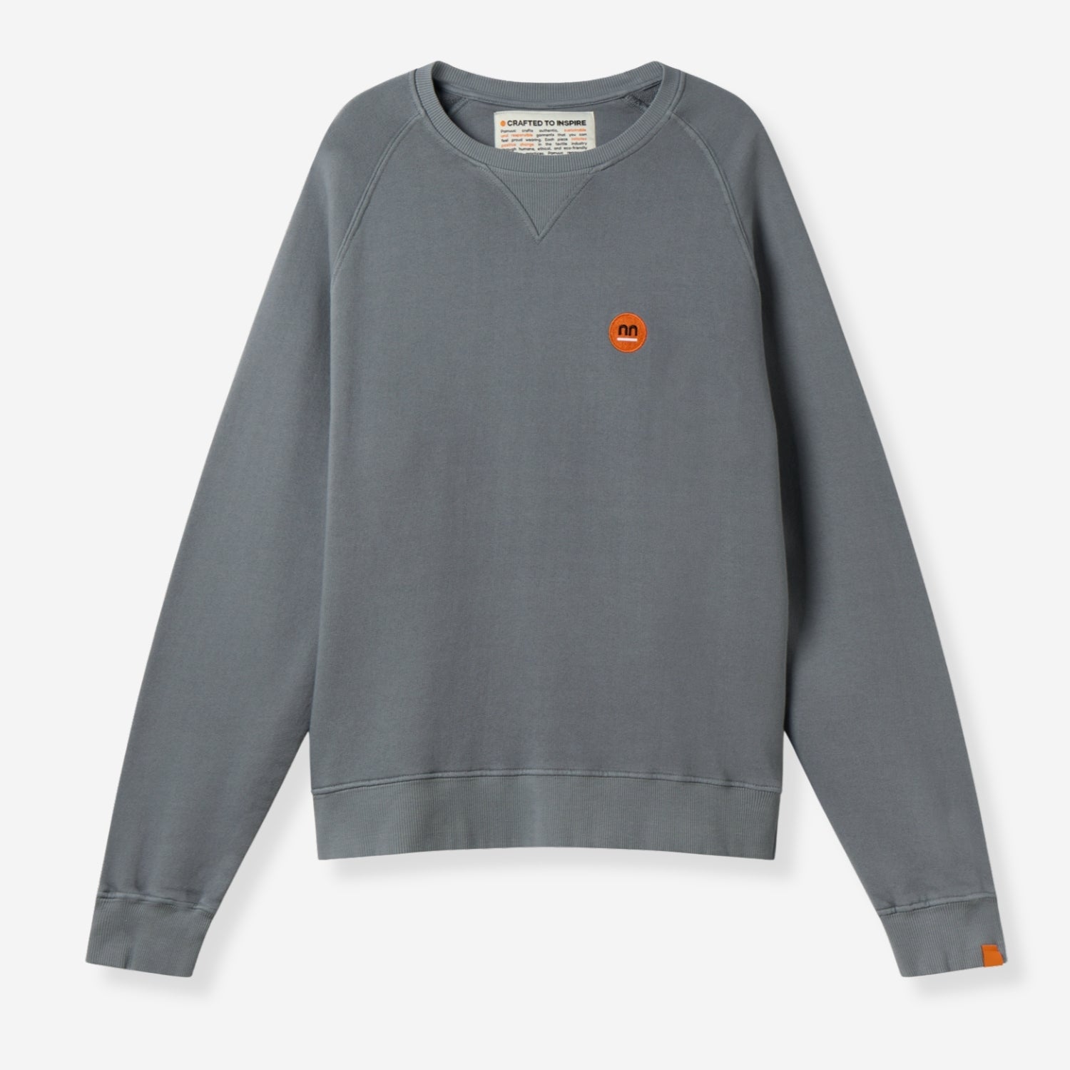 Grey crewneck sweatshirt with small orange Pamuuc isotope logo on front.