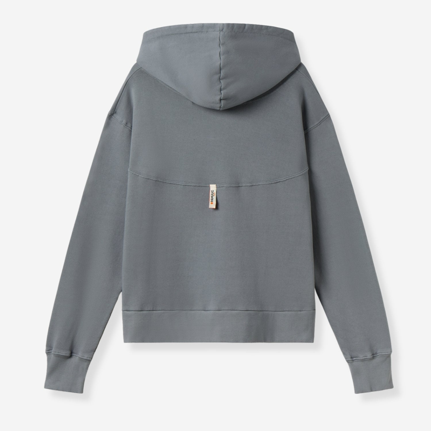 Back view of grey hoodie with small label near neckline.