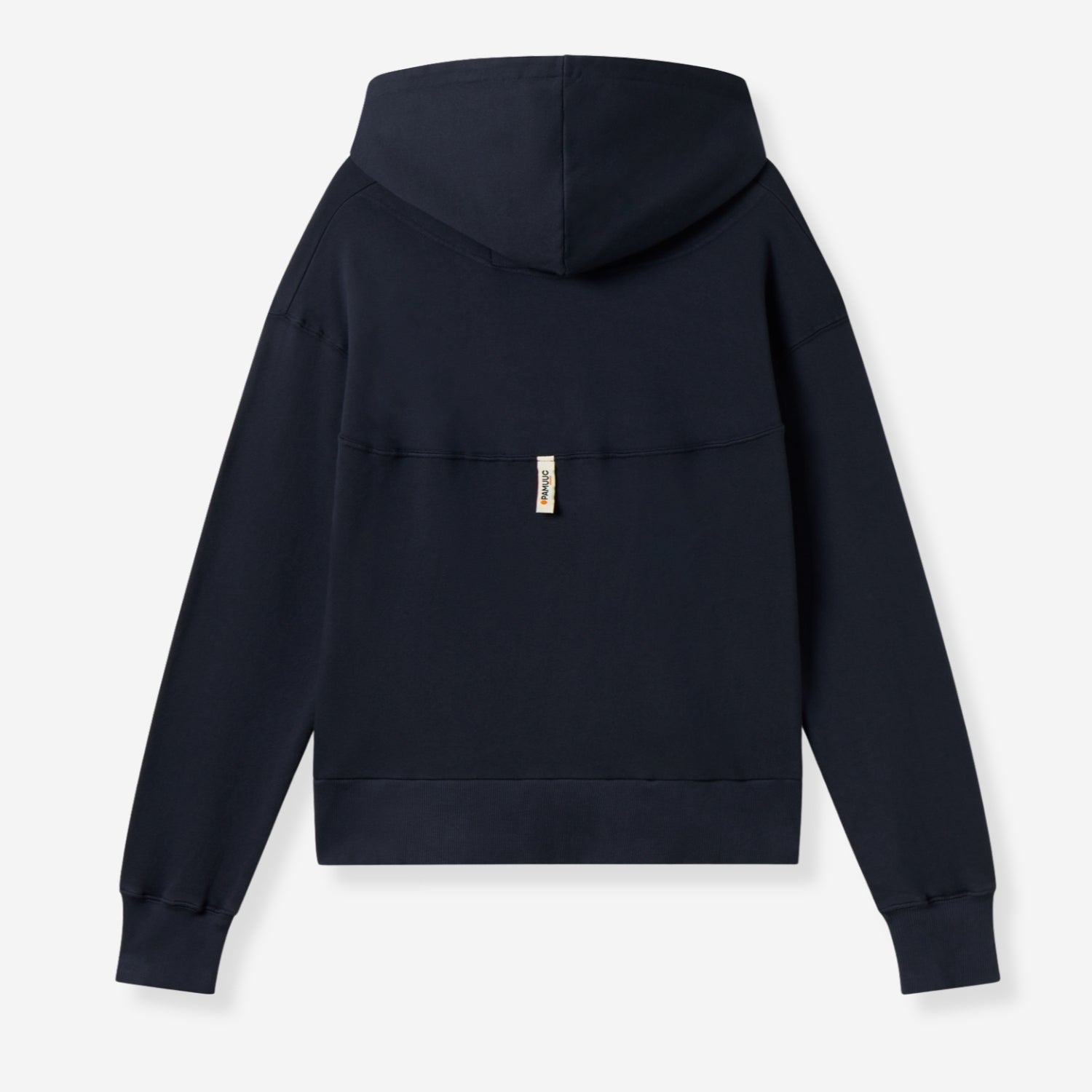 Back view of navy hoodie with small label near neckline.