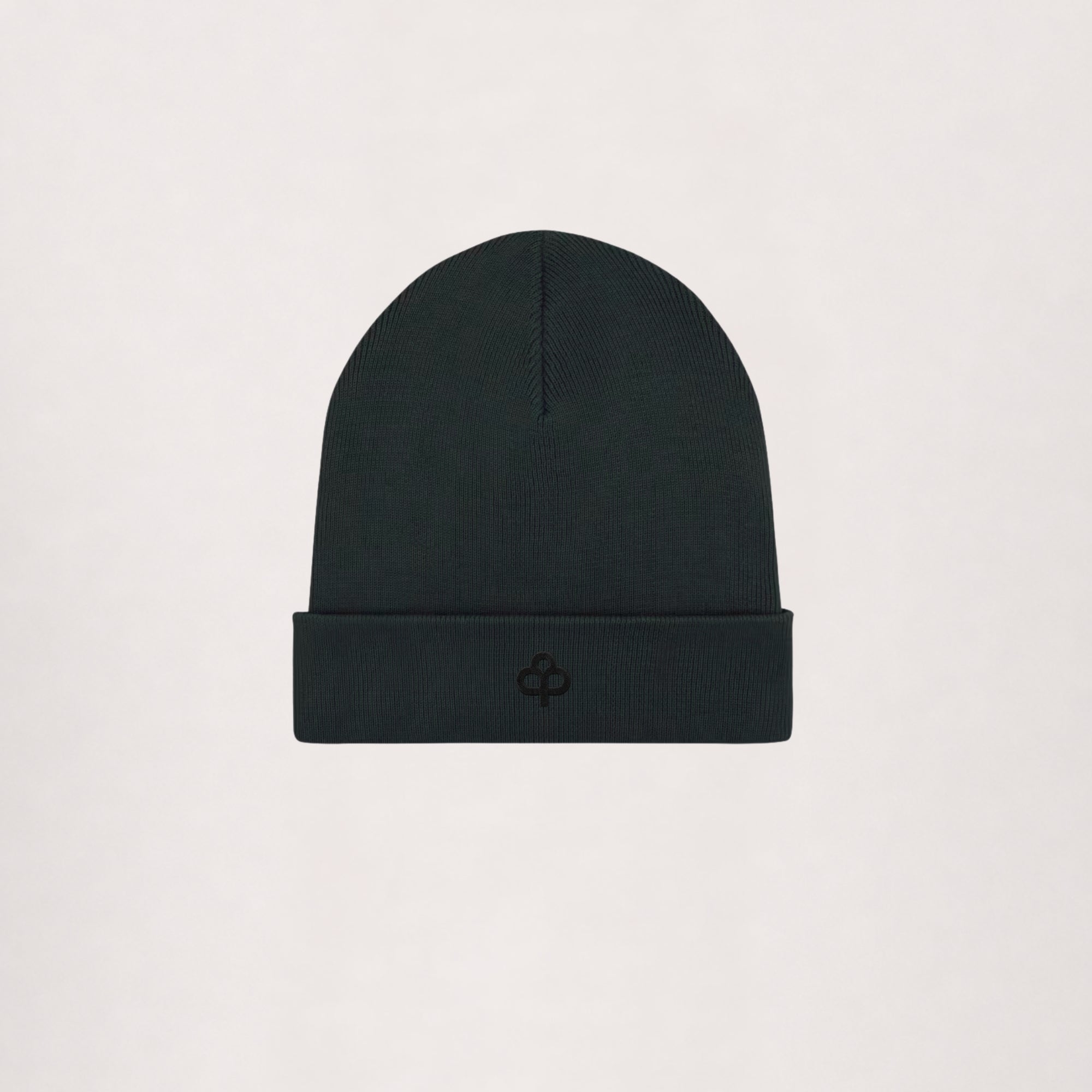 Ribbed beanie in black, flat lay with turn-up cuff and embroidered logo