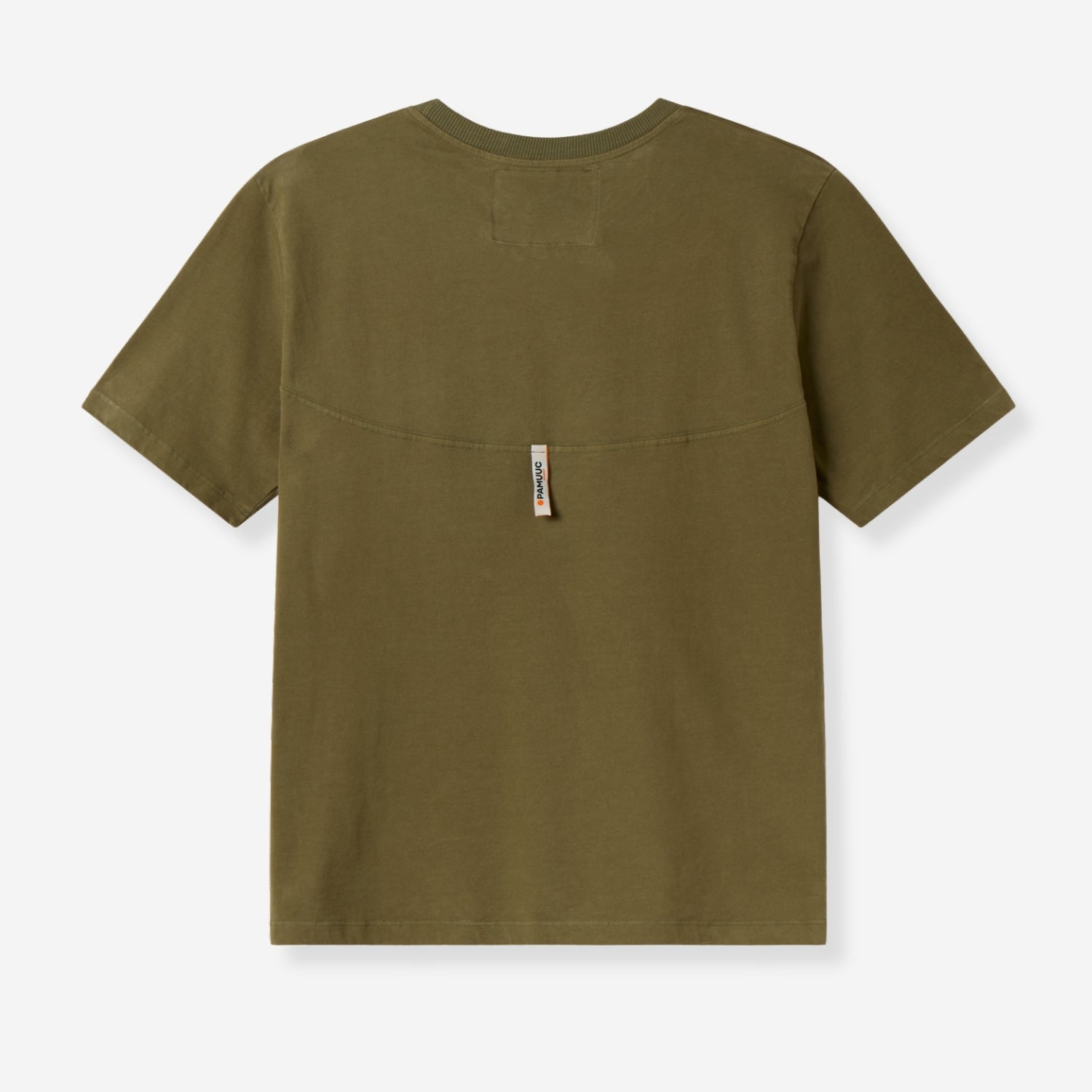 Back view of the khaki Berlin Tee showing the Pamuuc label on the neckline.