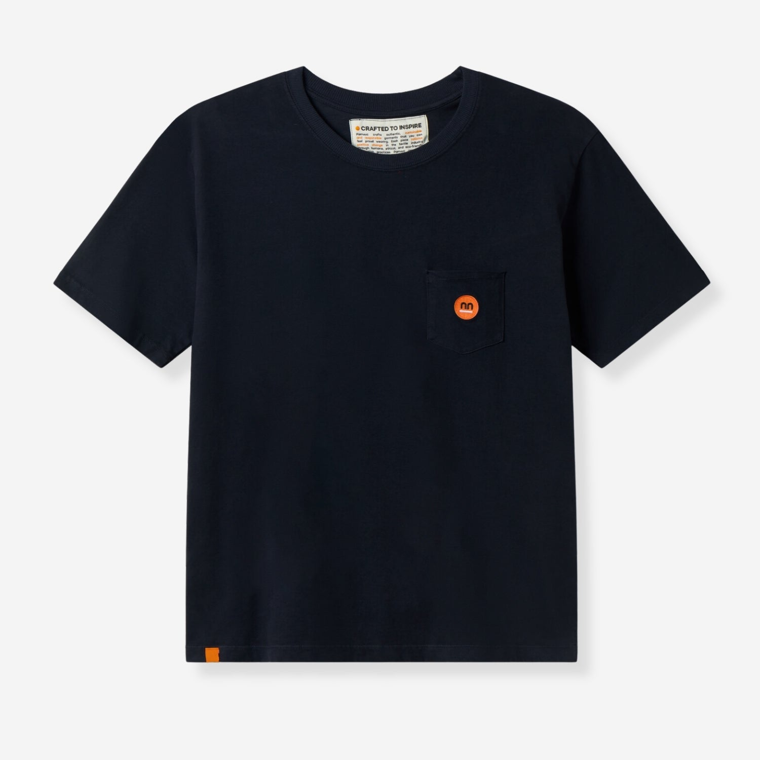 Navy Berlin Tee with orange Pamuuc logo on pocket.