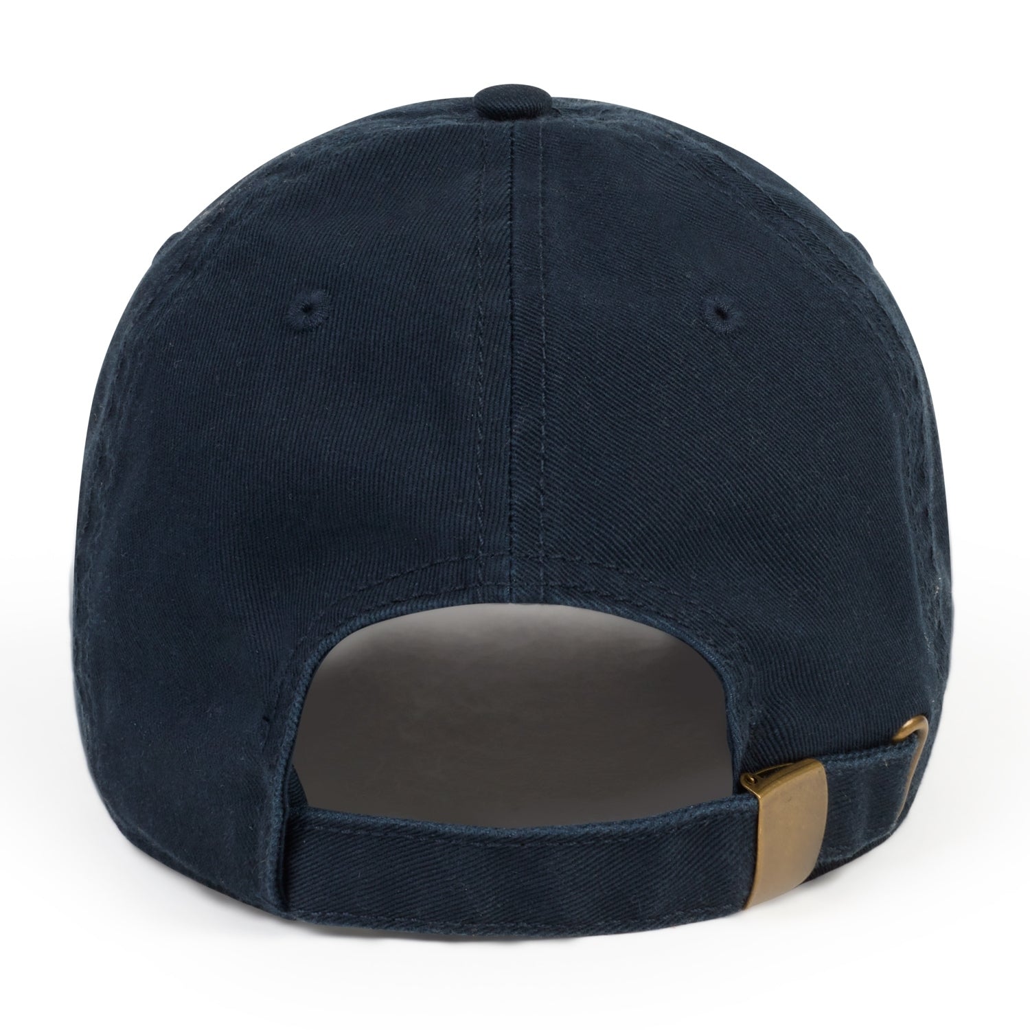 Rear view of a navy blue organic cotton baseball cap with adjustable strap.