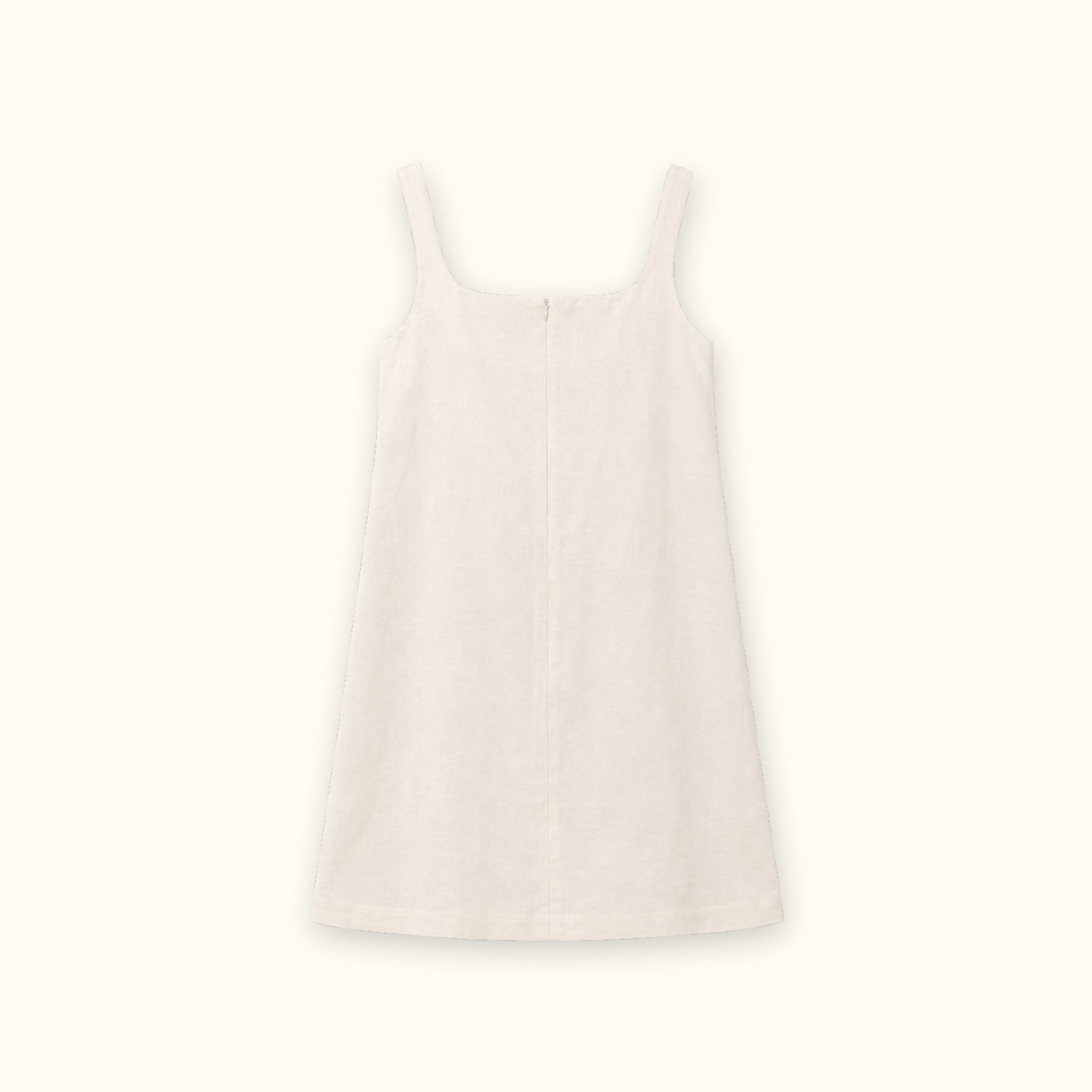 Vestido mini de lino en Off White, vista trasera, mostrando el escote y la silueta del vestido