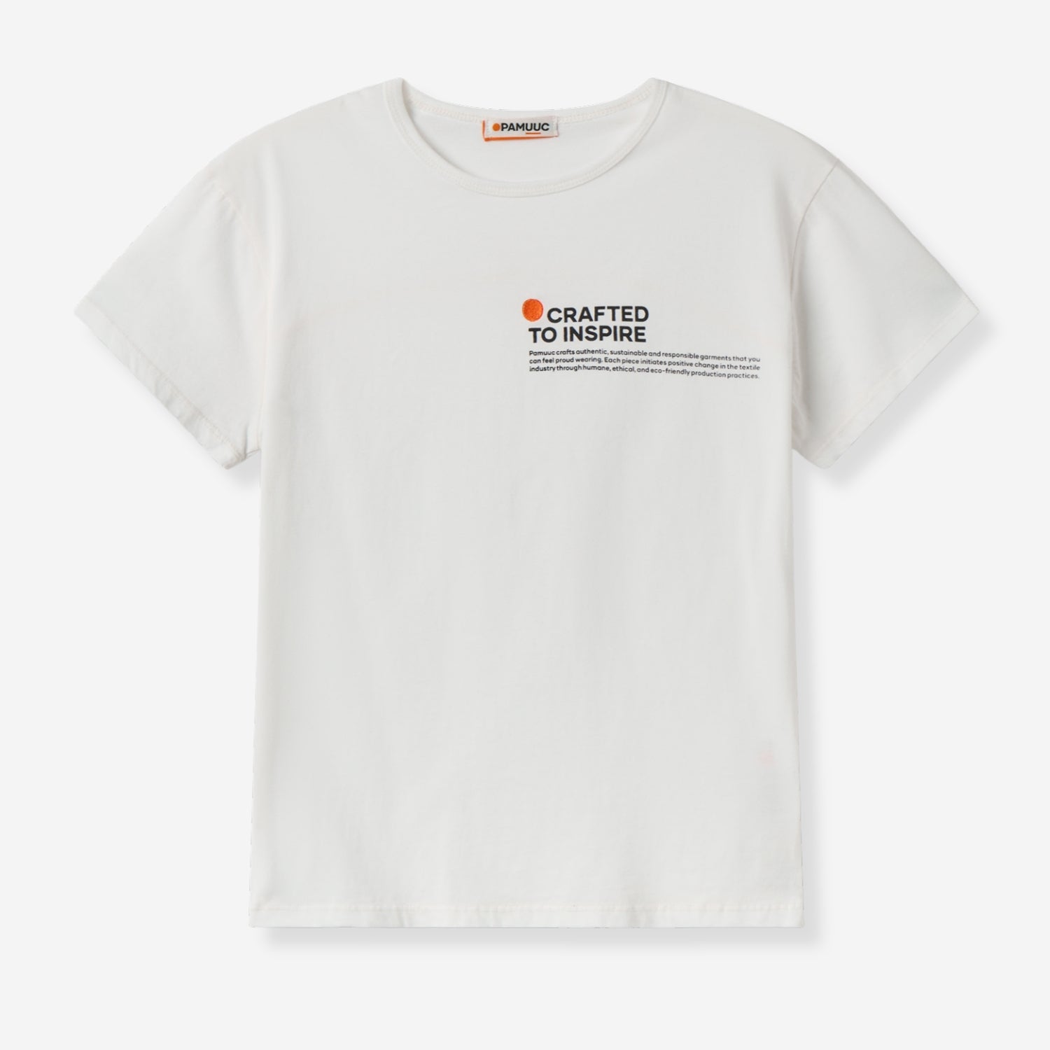 White PAMUUC t-shirt with 'CRAFTED TO INSPIRE' text and orange logo dot on chest