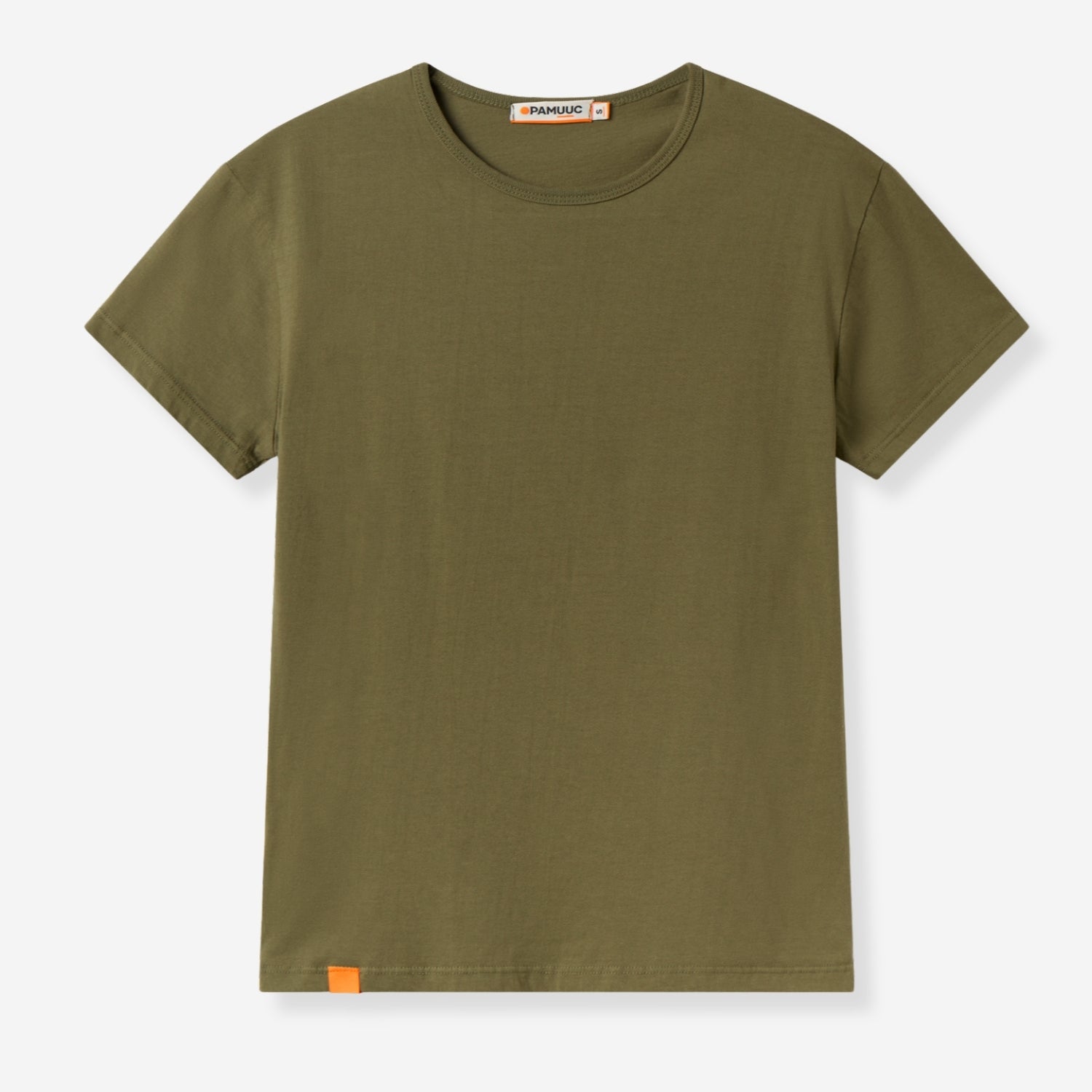 Khaki tee front view with Pamuuc logo on collar.