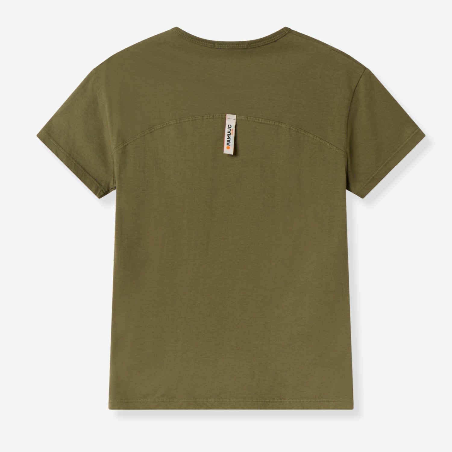 Khaki tee back view showing Pamuuc neck tag.