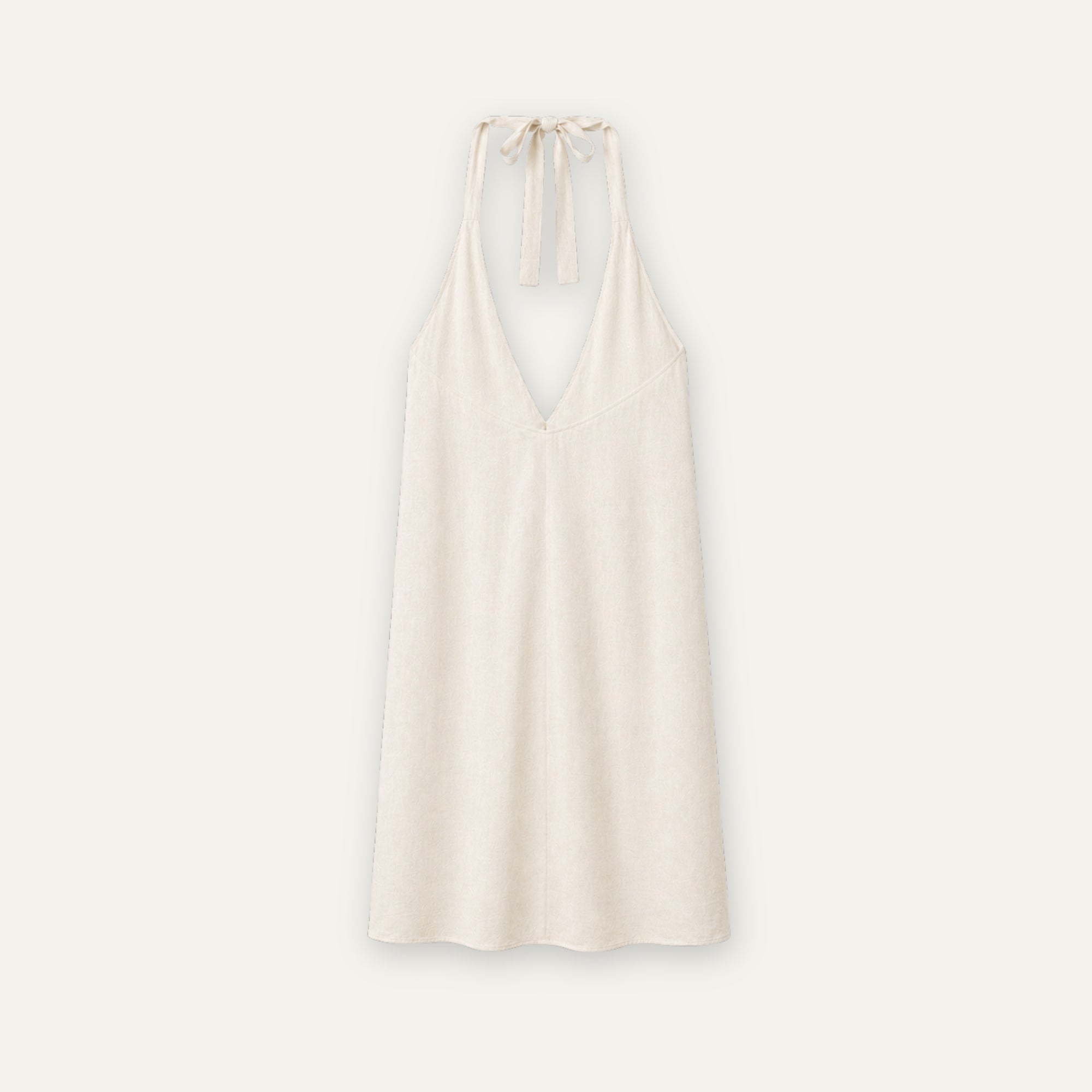Vestido halter de lino en Off White, vista trasera, mostrando el escote y la silueta del vestido