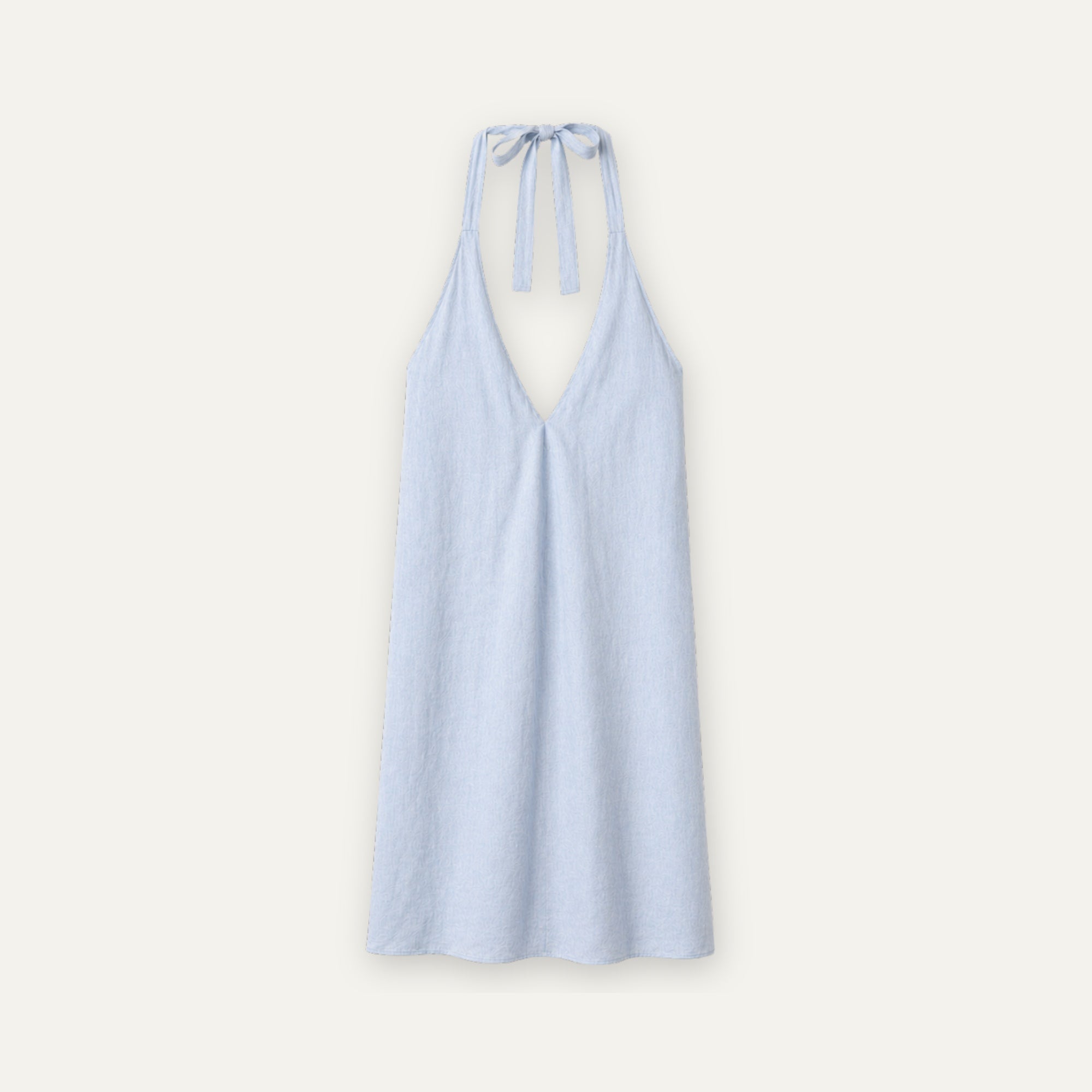 Vestido halter de lino en azul claro, vista frontal, mostrando el escote y la silueta del vestido
