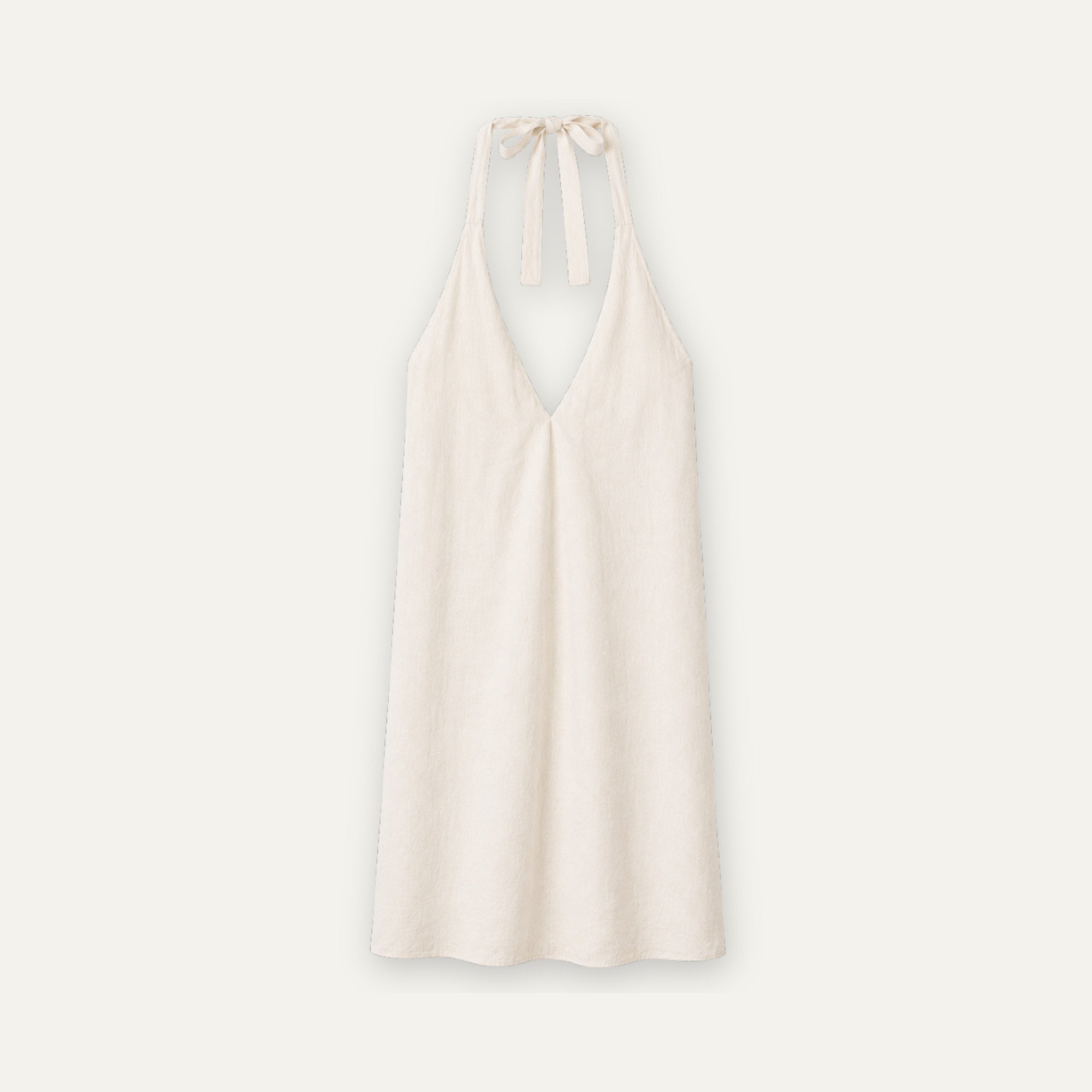 Vestido halter de lino en Off White, vista frontal, mostrando el escote y la silueta del vestido