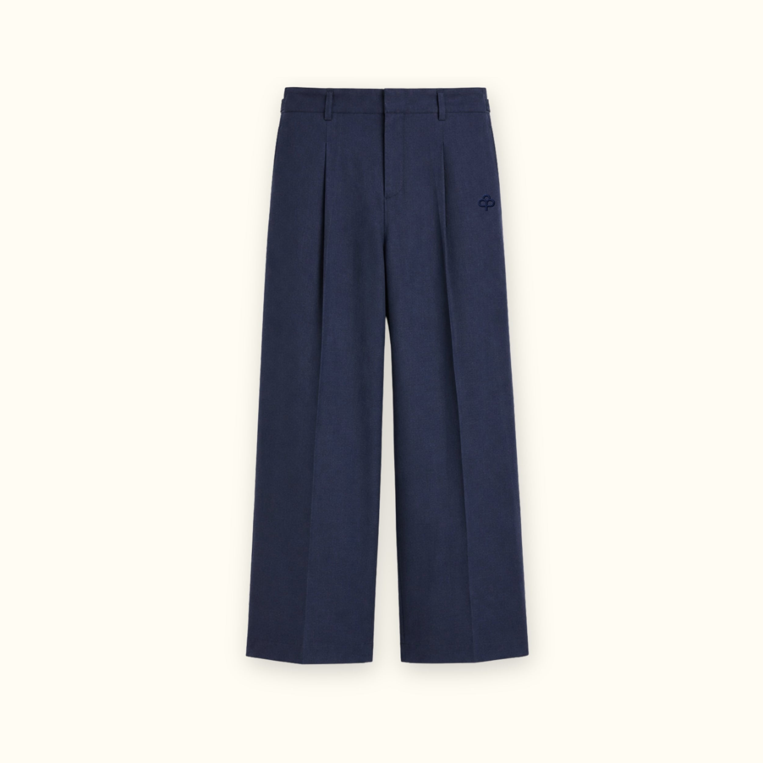 Pantalon droit en lin bleu marine, vue de face, montrant les plis et la coupe droite