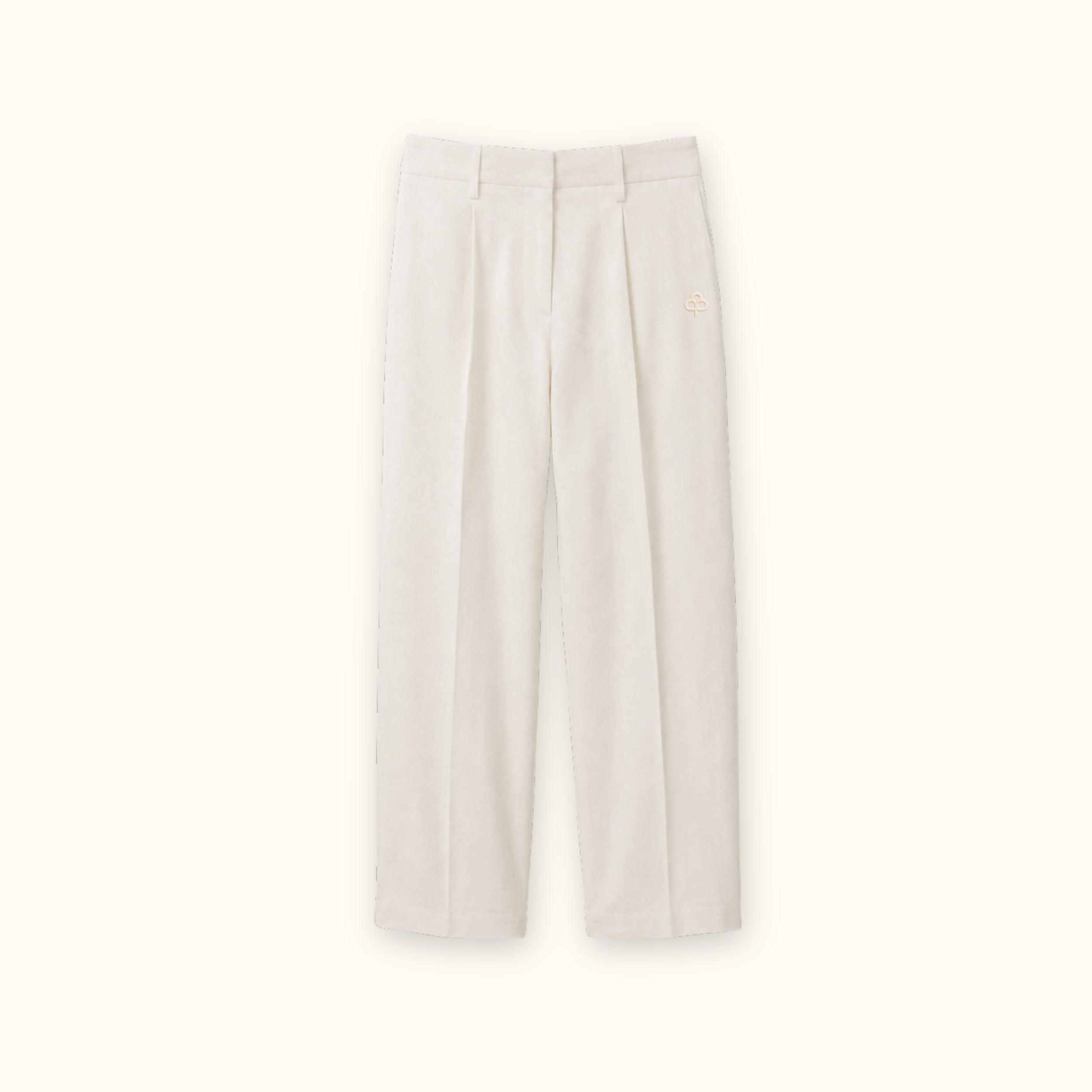 Pantalon droit en lin off white, vue de face, montrant les plis et la coupe droite